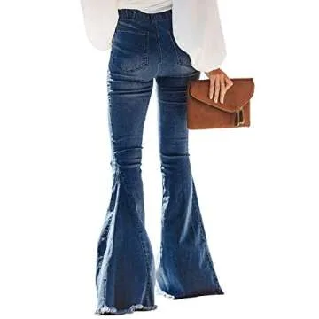 Sidefeel Women's Wide Leg Jeans High Waisted Bell Bottoms Elastic Waist Flare Pants Sky Blue Size 18