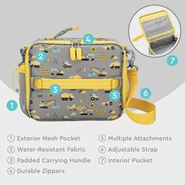 Bentgo Kids Lunch Bag - Durable, Double-Insulated Lunch Bag for Kids 3+; Holds Lunch Box, Water Bottle, & Snacks; Easy-Clean Water-Resistant Fabric & Multiple Zippered Pockets (Construction Trucks)