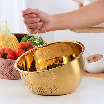 Meisha Rice Washing Bowl, Stainless Steel Versatile 3-In-1 Colander and Kitchen Strainer with Side D...
