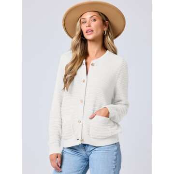 ANRABESS Women's Tweed Knit Cardigan Sweater Casual Long Sleeve Cropped Button Down Lady Jackets 2025 Spring Fashion Outwear White Small