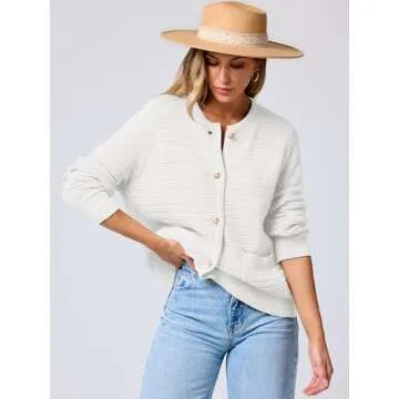 ANRABESS Women's Tweed Knit Cardigan Sweater Casual Long Sleeve Cropped Button Down Lady Jackets 2025 Spring Fashion Outwear White Small