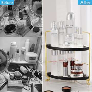 FSyueyun 2-Tier Corner Bathroom Counter Organizer, Tool-Less Installation Vanity Shelf Small Plastics Countertop Makeup Tray Skincare Perfume Organizers (Gold & Black)