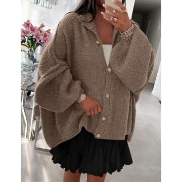 PRETTYGARDEN Women's Winter Button Down Cardigan Sweaters Mock Neck Lantern Long Sleeve Chunky Knit Jacket Trendy Outerwear (Camel,X-Large)