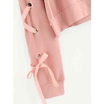 SweatyRocks Women's Casual Lace up Long Sleeve Pullover Crop Top Sweatshirt Solid Pink Medium