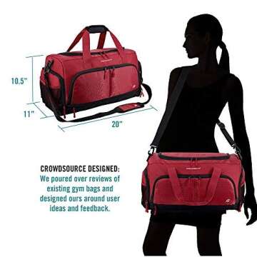 Ultimate Gym Bag 2.0: The Durable Crowdsource Designed Duffel Bag with 10 Optimal Compartments Including Water Resistant Pouch, Red, Medium (20"), Red, Medium (20")