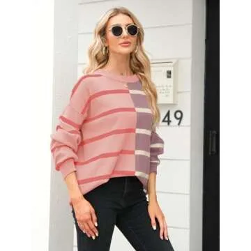Fisoew Womens Striped Pullover Sweater Lightweight Casual