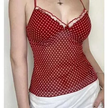 Y2K Vintage Polka Dot Mesh Camisole Spaghetti Strap V Neck Crop Tank Tops Lace Trim Backless Print Cami Sexy Streetwear Red