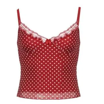 Y2K Vintage Polka Dot Mesh Camisole Spaghetti Strap V Neck Crop Tank Tops Lace Trim Backless Print Cami Sexy Streetwear Red