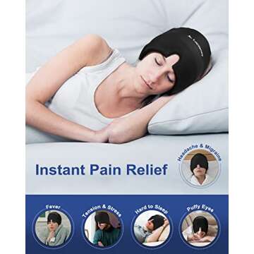 Migraine Headache Relief Cap Migraine Ice Head Wrap Mask Reusable Gel Ice Pack Hot & Cold Therapy with Ponytail Hole for Puffy Eyes Tension Sinus Stress, Black