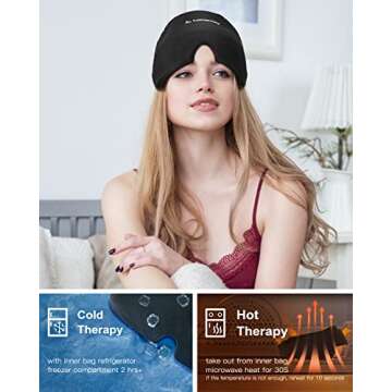 Migraine Headache Relief Cap Migraine Ice Head Wrap Mask Reusable Gel Ice Pack Hot & Cold Therapy with Ponytail Hole for Puffy Eyes Tension Sinus Stress, Black
