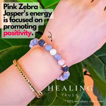 [Healing Trust] Pink Zebra Jasper & Lava Stone Essential Oil Diffuser Bracelet, 7 Inches, Pink