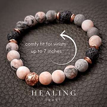 [Healing Trust] Pink Zebra Jasper & Lava Stone Essential Oil Diffuser Bracelet, 7 Inches, Pink