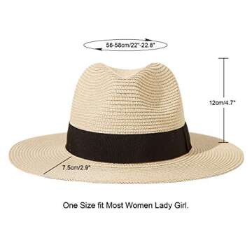 Lanzom Women Wide Brim Straw Panama Roll up Hat Fedora Beach Sun Hat UPF50+ (A-Square Belt Khaki)