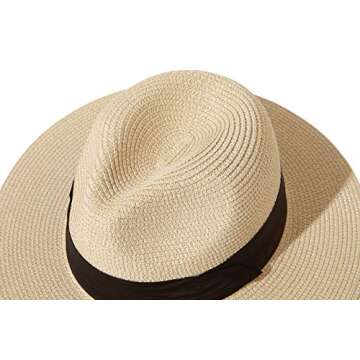 Lanzom Women Wide Brim Straw Panama Roll up Hat Fedora Beach Sun Hat UPF50+ (A-Square Belt Khaki)
