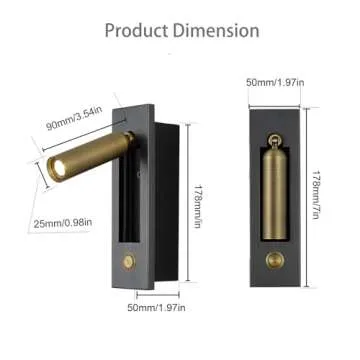 YFMYY LED Bedroom Lamp Headboard Wall Light Sconce, Bedside Reading Light Recessed Push Switch Wall Lamps, Hotel Bed Side Decorative Wall Sconces Spotlight, 360° Rotatable 92° Foldable (Brass+Black)