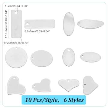 PH PandaHall 304 Stainless Steel Stamping Charms 60pcs Stamping Tag Pendants Stamping Blank Tags 6 S...