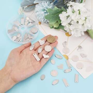 PH PandaHall 304 Stainless Steel Stamping Charms 60pcs Stamping Tag Pendants Stamping Blank Tags 6 Style Stamping Blank Tags Heart Round Metal Tag for Bracelet Necklace Jewelry DIY Craft Gift Making