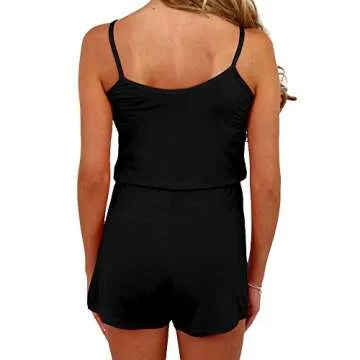Dreamskull Women Summer Casual Spaghetti Strap Adjustable Waist Drawstring Short Jumpsuit
