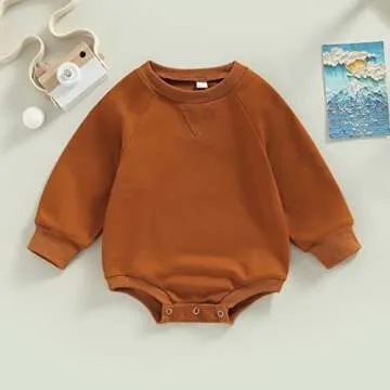 Engofs Newborn Baby Girl Boy Sweatshirt Romper Solid Color Long Sleeve 0 3 6 12 18 Months Fall Winter Clothes Brown 6-12 Months