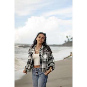 Zeagoo Cropped Jacket Women's Flannel Wool Blend Plaid Button Down Shirt Warm Winter Shacket Coat To...