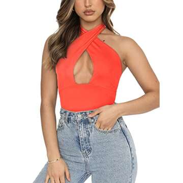 REORIA Women's Sexy Criss Cross Halter Neck Sleeveless Party Club Night Going Out Thong Bodysuits To...