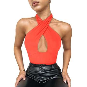 REORIA Women's Sexy Criss Cross Halter Neck Sleeveless Party Club Night Going Out Thong Bodysuits Tops Neon Pink Small