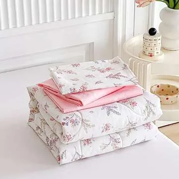 Joyreap 4 Piece Cotton Toddler Bedding Set for Girls, Flowers n Leaves Pink Design, Soft Breathable Cotton Toddler Comforter Set, Includes Quilted Comforter, Fitted Sheet, Top Sheet, and Pillow Case