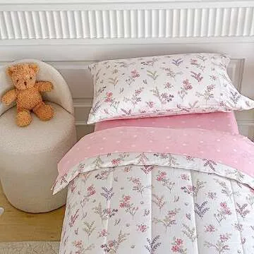 Joyreap 4 Piece Cotton Toddler Bedding Set for Girls, Flowers n Leaves Pink Design, Soft Breathable Cotton Toddler Comforter Set, Includes Quilted Comforter, Fitted Sheet, Top Sheet, and Pillow Case