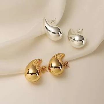 Vuleto 2 Pairs Teardrop Earrings Dupes Set for Women, Lightweight Gold Silver Chunky Hoops Tear Drop...