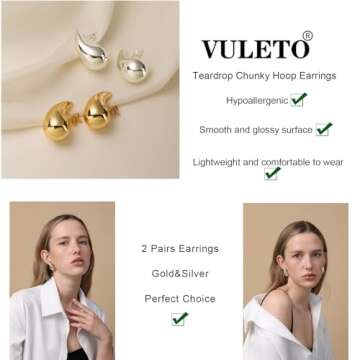 Vuleto 2 Pairs Teardrop Earrings Dupes Set for Women, Lightweight Gold Silver Chunky Hoops Tear Drop Dangle Earrings Hypoallergenic Trendy Fashion Jewelry Gifts