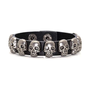 Xusamss Punk Rock Alloy Buckle Leather Wristband Skull Cuff Bracelet (Black Leather)