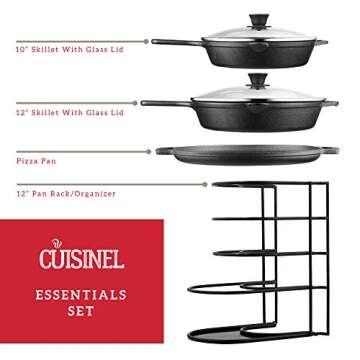 Cuisinel Cast Iron Cookware Set - 9-Pieces Pre-Seasoned Kit: 10"+12" Skillet + Glass Lids + Pizza Pa...