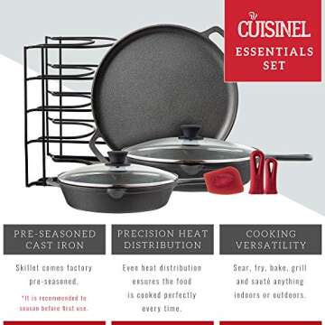 Cuisinel Cast Iron Cookware Set - 9-Piece Pre-Seasoned Kit