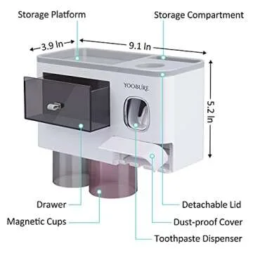 Toothbrush Holders Wall Mounted, Yoobure Automatic Toothpaste Dispenser Set for Bathrooms, Multifunctional Bathroom Organizer Holder with Cosmetic Drawer, 2 Magnetic Cups and 6 Toothbrush Slots