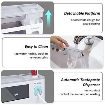 Toothbrush Holders Wall Mounted, Yoobure Automatic Toothpaste Dispenser Set for Bathrooms, Multifunctional Bathroom Organizer Holder with Cosmetic Drawer, 2 Magnetic Cups and 6 Toothbrush Slots