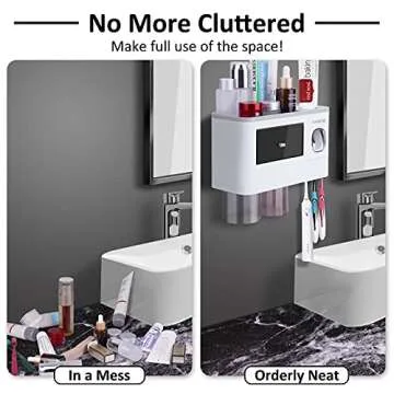 Toothbrush Holders Wall Mounted, Yoobure Automatic Toothpaste Dispenser Set for Bathrooms, Multifunctional Bathroom Organizer Holder with Cosmetic Drawer, 2 Magnetic Cups and 6 Toothbrush Slots