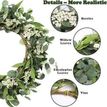 PEYZCNOK Wreaths for Front Door, 20'' Artificial Eucalyptus Wreath White Berry Greenery Wreath Green Decor for Home Farmhouse Patio Porch Window Wedding Decor Spring Summer Fall Winter All Seasons