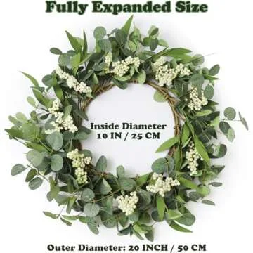 PEYZCNOK Wreaths for Front Door, 20'' Artificial Eucalyptus Wreath White Berry Greenery Wreath Green Decor for Home Farmhouse Patio Porch Window Wedding Decor Spring Summer Fall Winter All Seasons