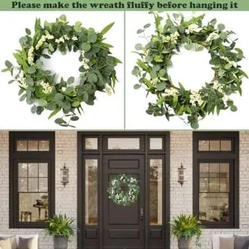 PEYZCNOK Wreaths for Front Door, 20'' Artificial Eucalyptus Wreath White Berry Greenery Wreath Green Decor for Home Farmhouse Patio Porch Window Wedding Decor Spring Summer Fall Winter All Seasons