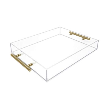 Isaac Jacobs Clear Acrylic Serving Tray (11x14) with Gold Metal Handles, Spill-Proof, Stackable Organizer, Food & Drinks Server, Indoors/Outdoors, Lucite Storage Décor (11x14, Clear with Gold Handle)