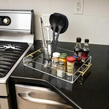 Isaac Jacobs Clear Acrylic Serving Tray (11x14) with Gold Metal Handles, Spill-Proof, Stackable Organizer, Food & Drinks Server, Indoors/Outdoors, Lucite Storage Décor (11x14, Clear with Gold Handle)