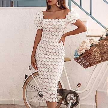 Cololura Elegant Floral Lace Short Sleeve Off Shoulder Evening Gown Dress