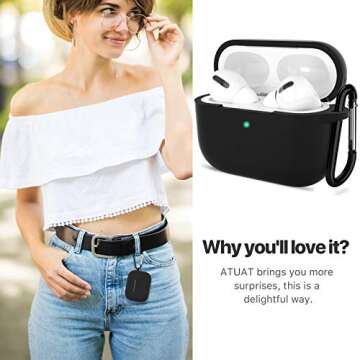 ATUAT for AirPods Pro 1st/2nd Generation Case Cover, Protective Silicone Skin Accessories with Keychain for Women Men for Apple AirPods Pro 2019/2022 Charging Case,Front LED Visible-Black
