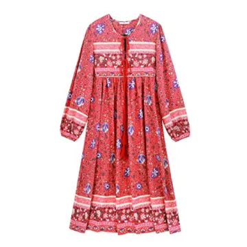 R.Vivimos Women's Long Sleeve Floral Print Retro V Neck Tassel Bohemian Midi Dresses (Small, Waterme...