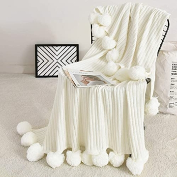 Fomoom Pom Pom Throw Blanket - Stylish Knit Comfort