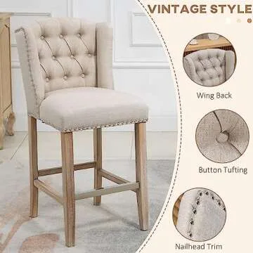 HOMCOM Counter Height Bar Stools Set of 2, 27" Seat Height Upholstered Barstools, Farmhouse Kitchen Island Stools with Nailhead-Trim, Tufted Back and Wooden Legs, Beige