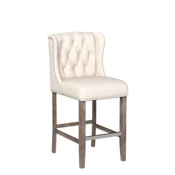 HOMCOM Counter Height Bar Stools Set of 2, 27" Seat Height Upholstered Barstools, Farmhouse Kitchen Island Stools with Nailhead-Trim, Tufted Back and Wooden Legs, Beige