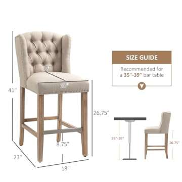 HOMCOM Counter Height Bar Stools Set of 2, 27" Seat Height Upholstered Barstools, Farmhouse Kitchen Island Stools with Nailhead-Trim, Tufted Back and Wooden Legs, Beige