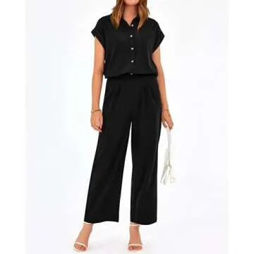 PRETTYGARDEN Women's Summer 2 Piece Outfits Casual Tracksuit Short Sleeve Button Down Shirts Long Pant Lounge Sets 2025(Solid Black,XX-Large)