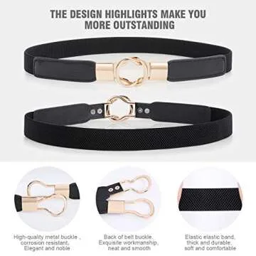 Fashion Skinny Dress Belt for Women for Jeans,Elastic Thin Waist Belt Stretch for Dress,Gold Buckle Retro Stretch Ladies Thin Waist Belt,Waistband Skinny Belt,Black+White+Brown,3 Pack,Suit 31”-41”